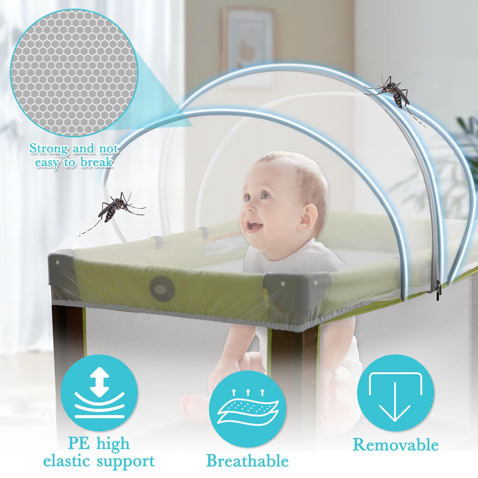 Jiangcha bassinet canopy with six padded hooks for secure attachment.