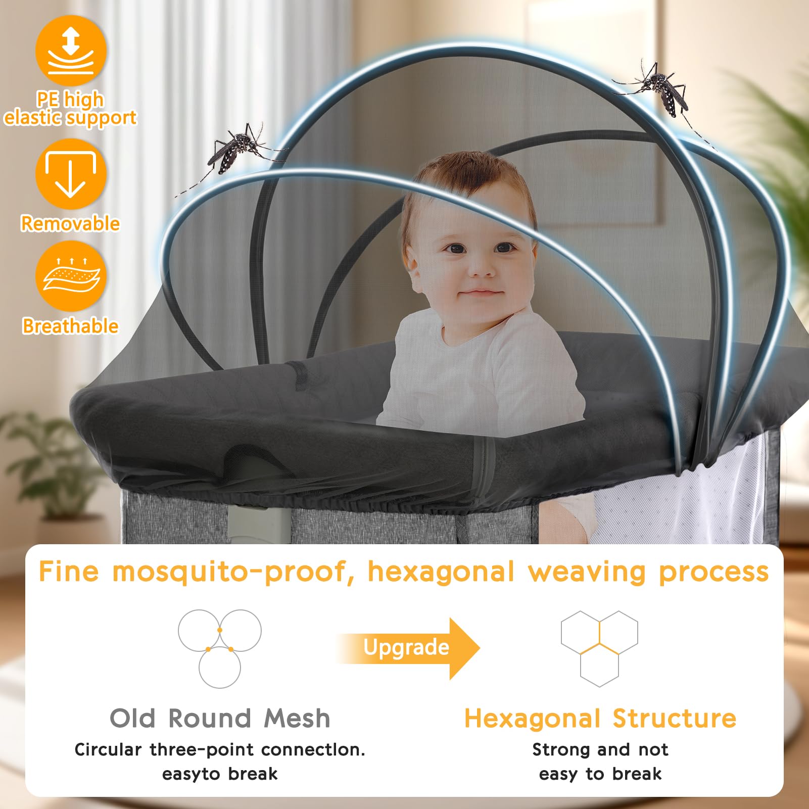 Jiangcha universal-fit bassinet cover fits most portable cribs securely.