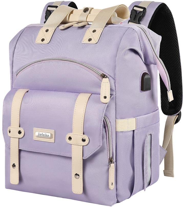 Jiefeike diaper bag backpack front view in purple, easy carry and chic travel companion