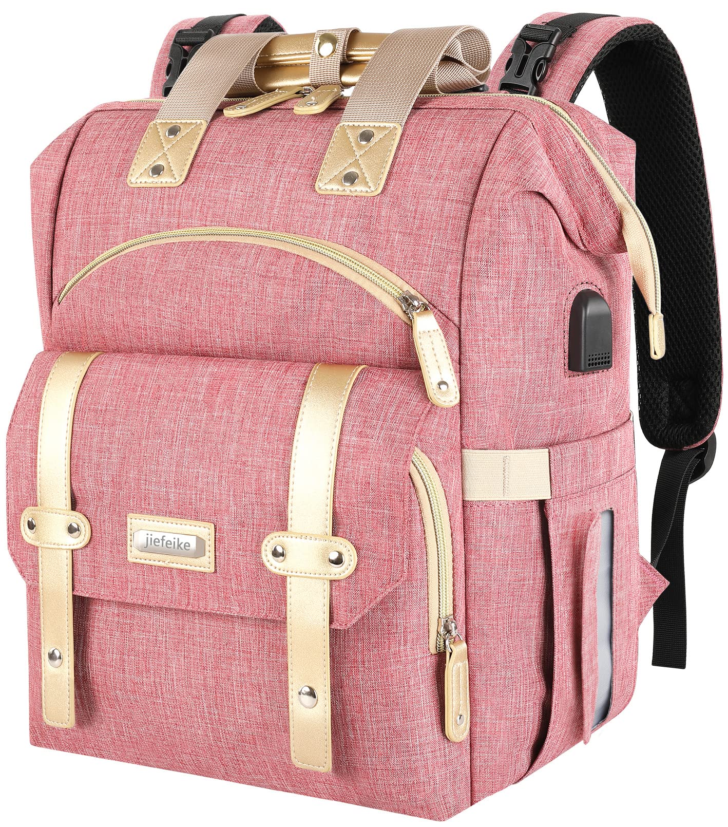 Jiefeike diaper bag backpack pink front view showing travel-ready design
