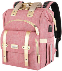 Jiefeike diaper bag backpack pink front view showing travel-ready design