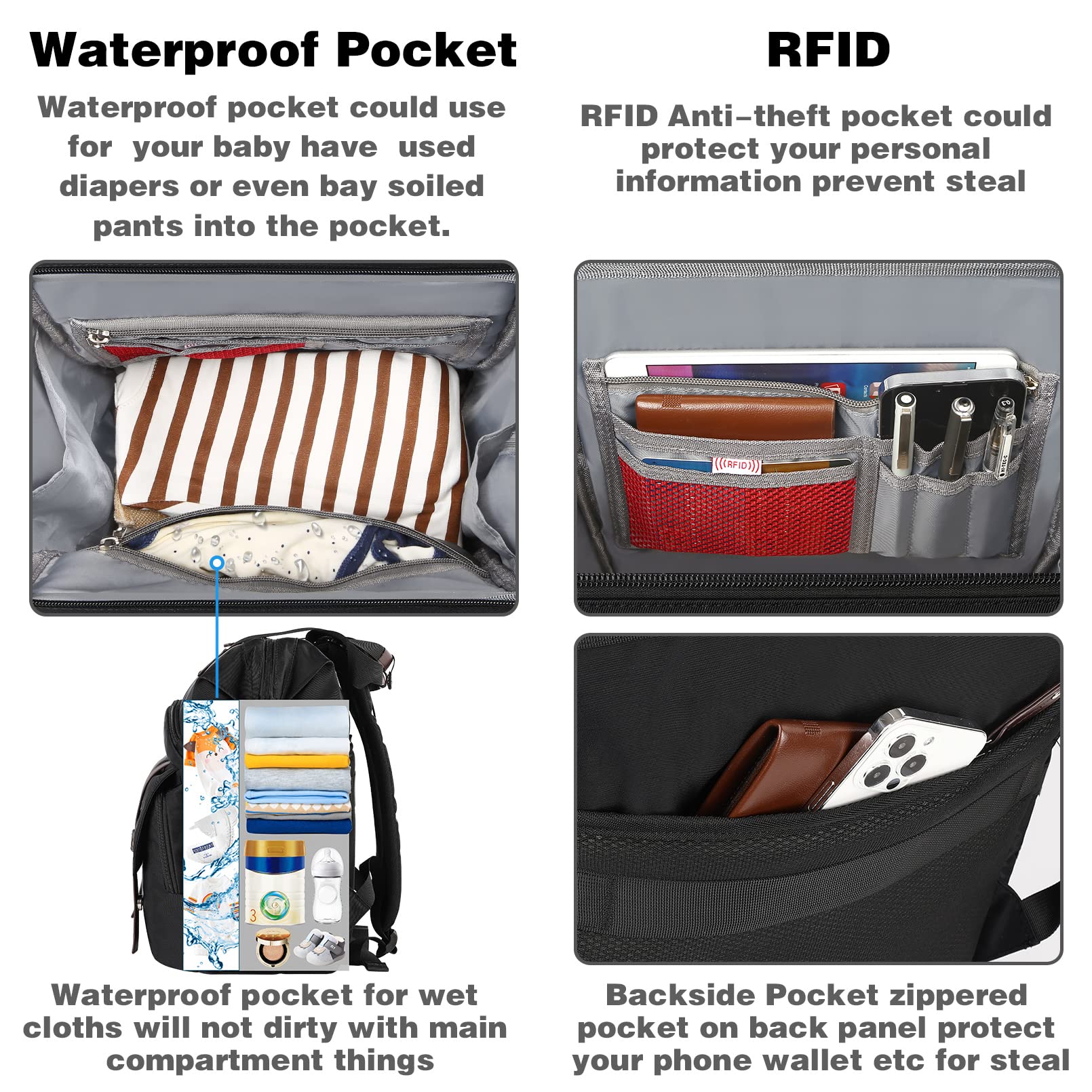 Jiefeike diaper bag backpack RFID pocket protects personal data