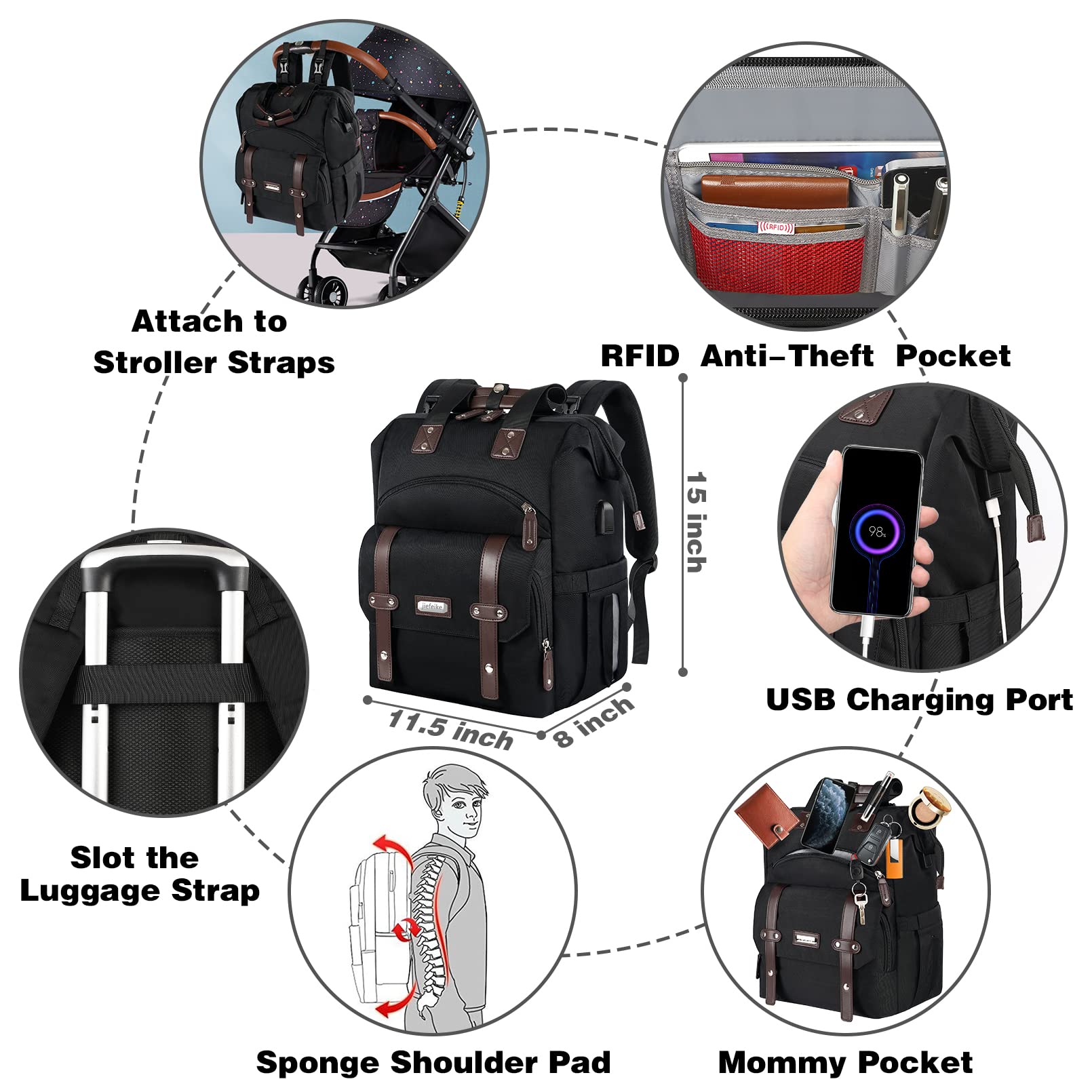 Jiefeike diaper bag backpack USB port for charging devices