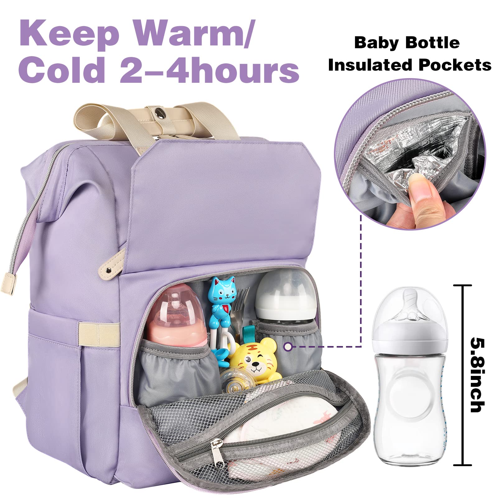 Insulated bottle pockets keep baby's milk warm or cool during outings