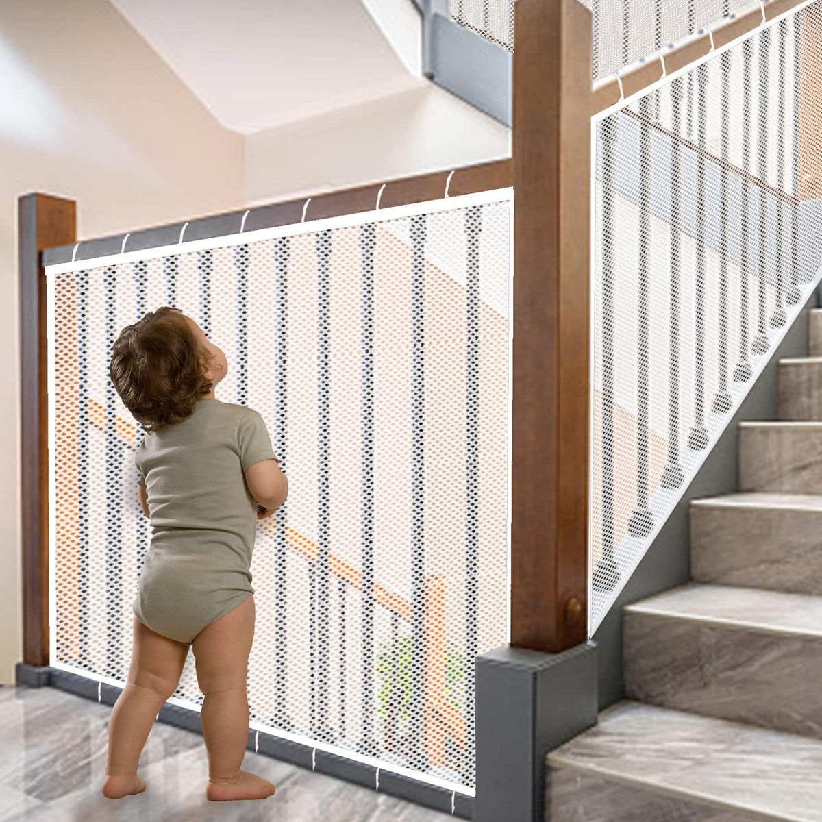 JIFTOK Baby Gate on stair banister netting for safer stair passages.