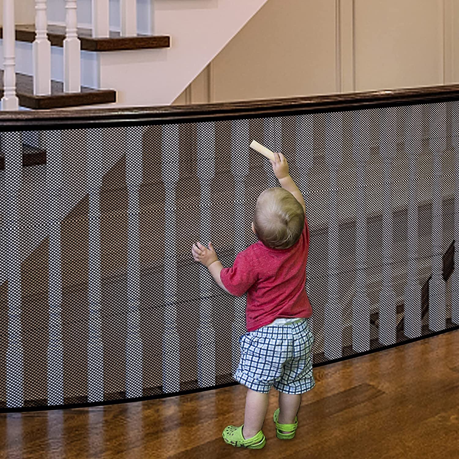 JIFTOK baby gate on stairs with banister guard for safer family access.