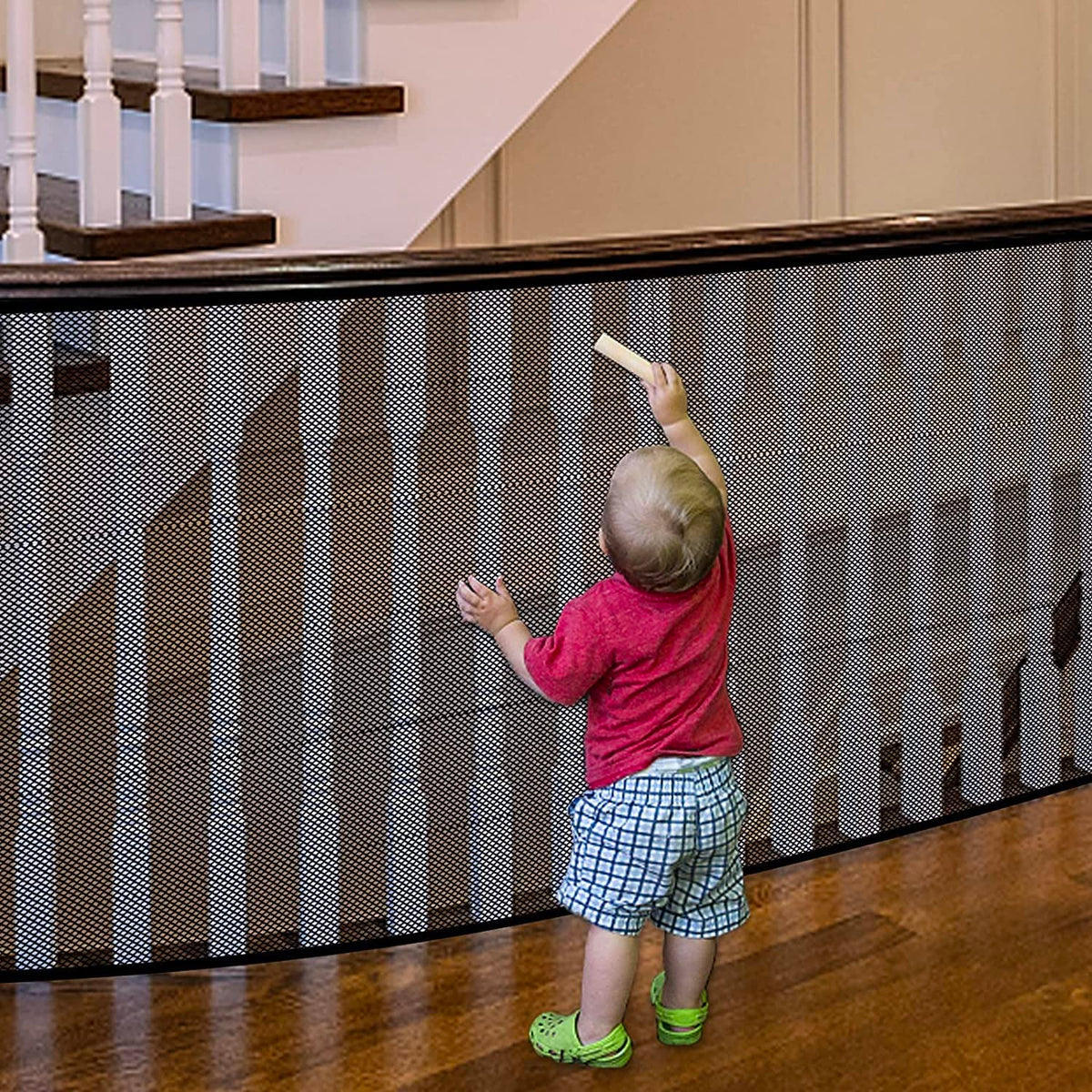 JIFTOK baby gate on stairs with banister guard for safer family access.