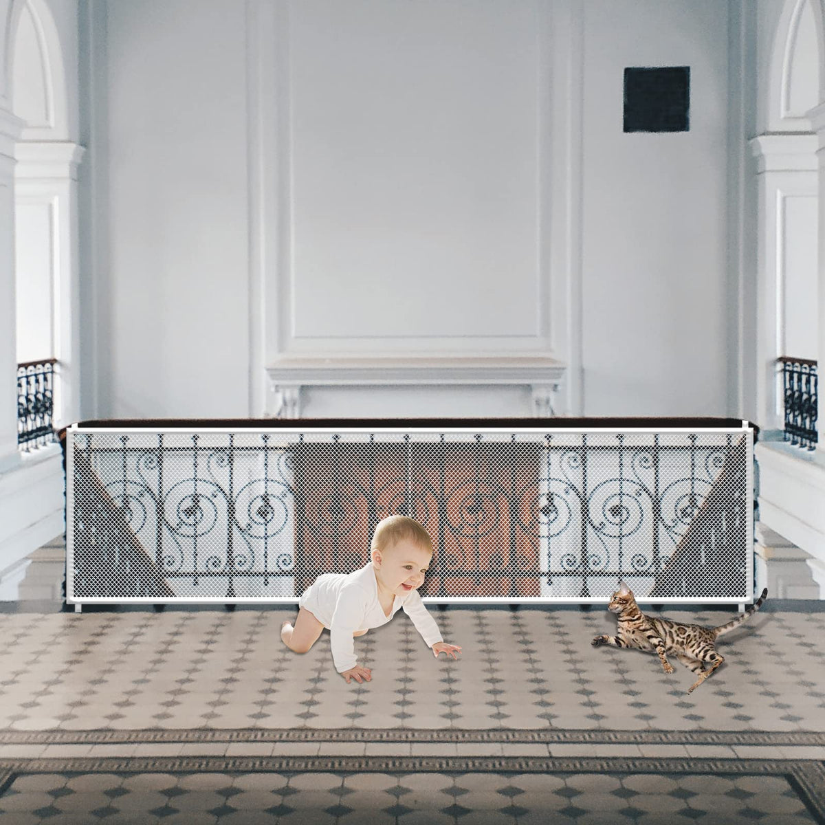 JIFTOK baby gate stairs mesh net installed to protect children with clear visibility
