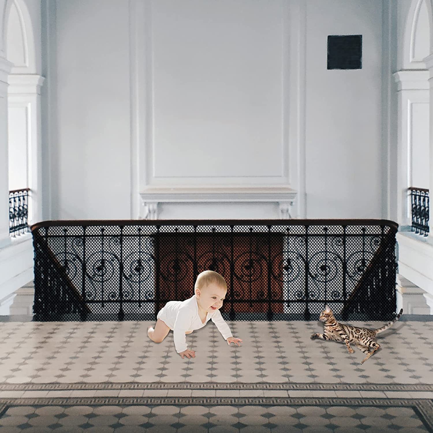 JIFTOK baby gate stairs mesh netting offers clear visibility and safety.