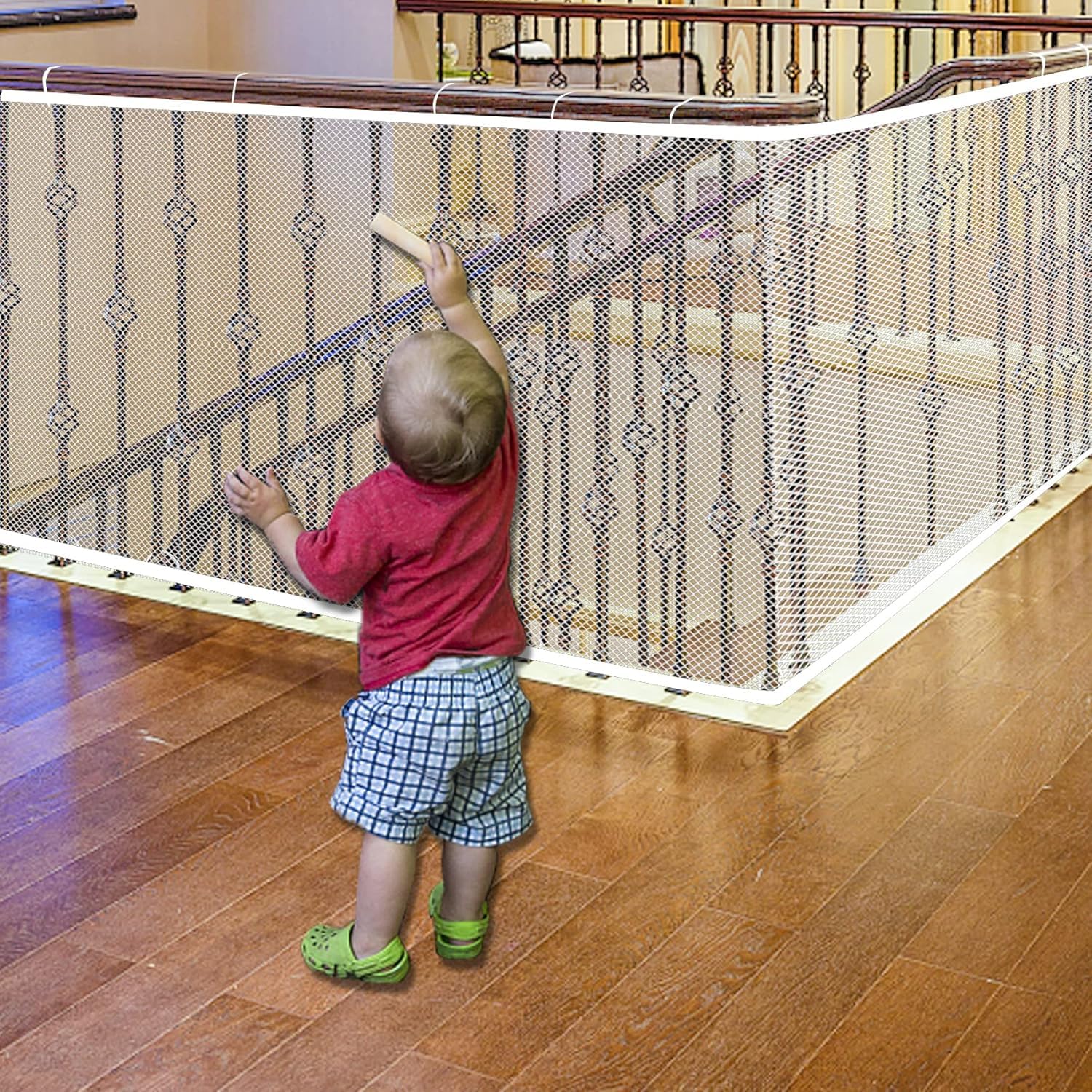 JIFTOK baby gate on stairs with durable mesh guard for child safety.