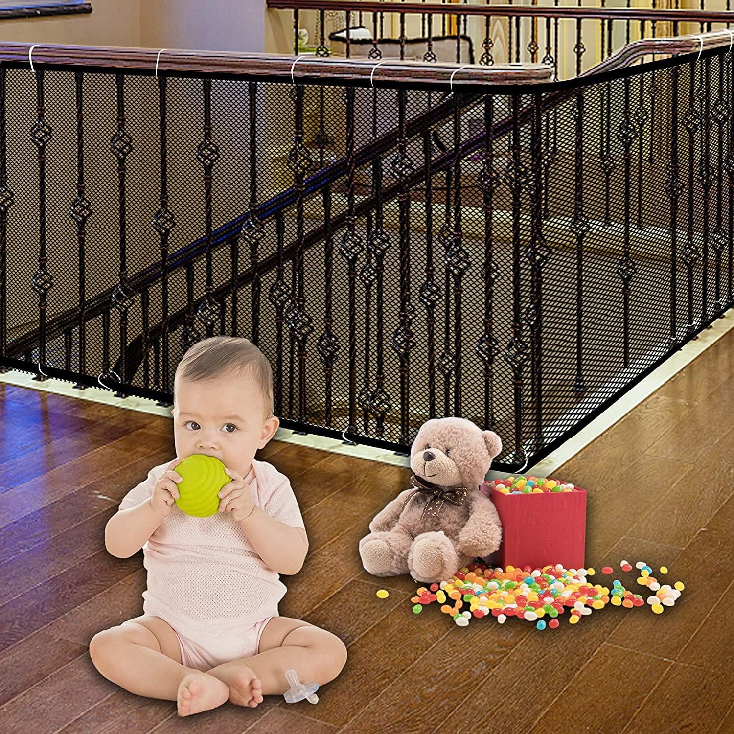 JIFTOK Ewaves banister guard net closeup showing sturdy construction for child and pet safety.