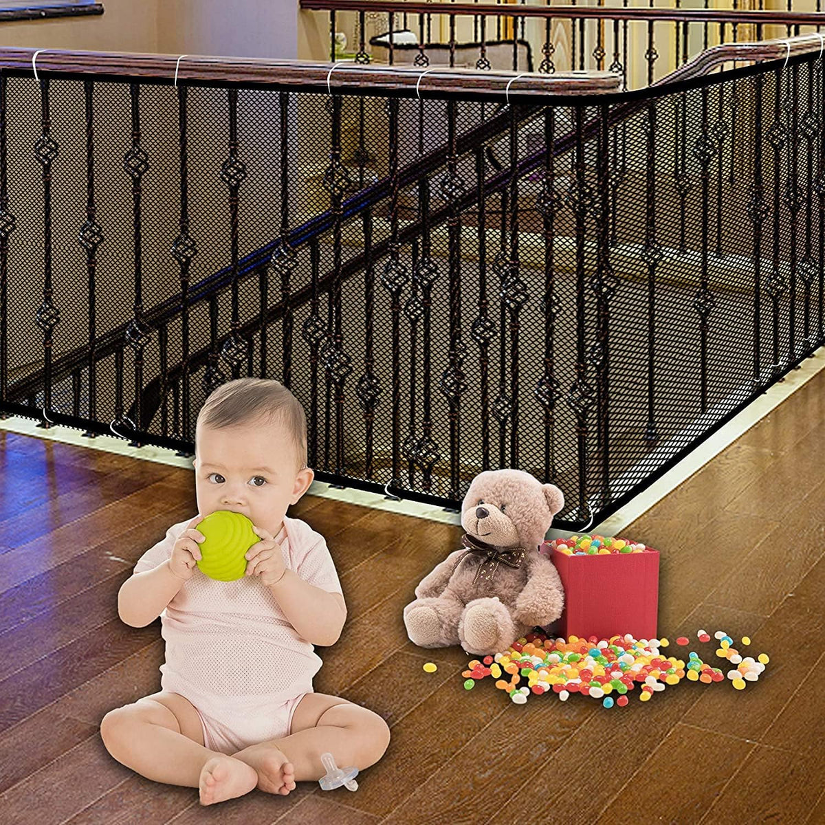 JIFTOK Ewaves banister guard net closeup showing sturdy construction for child and pet safety.