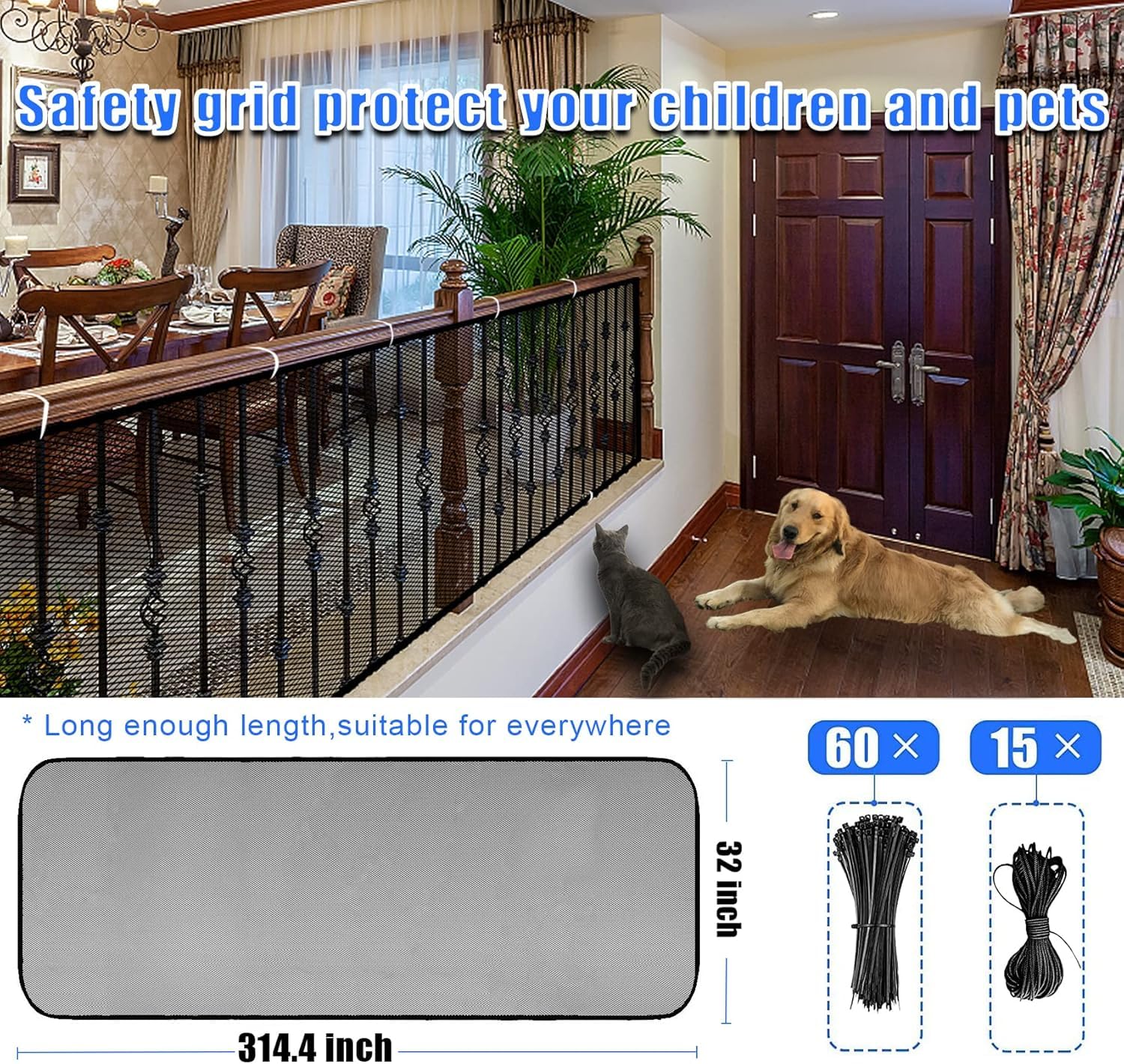 JIFTOK stair safety net shows tear-resistant mesh guarding gaps without blocking light.