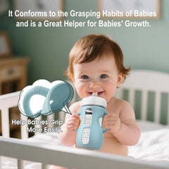 Jifvrnk baby-friendly grip handle supports independent feeding with Avent glass bottles.