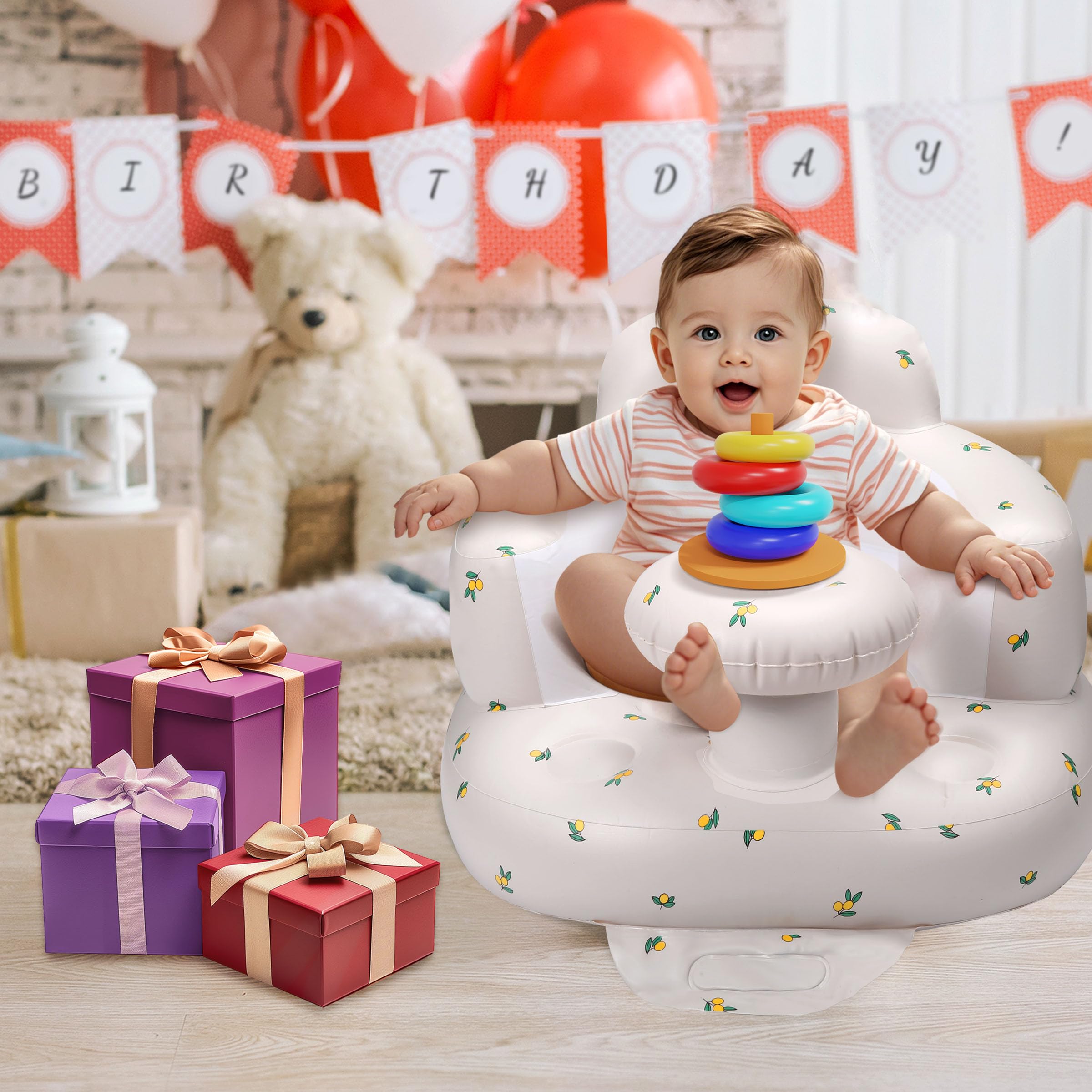Jikasho inflatable seat with footrest to help babies sit up.