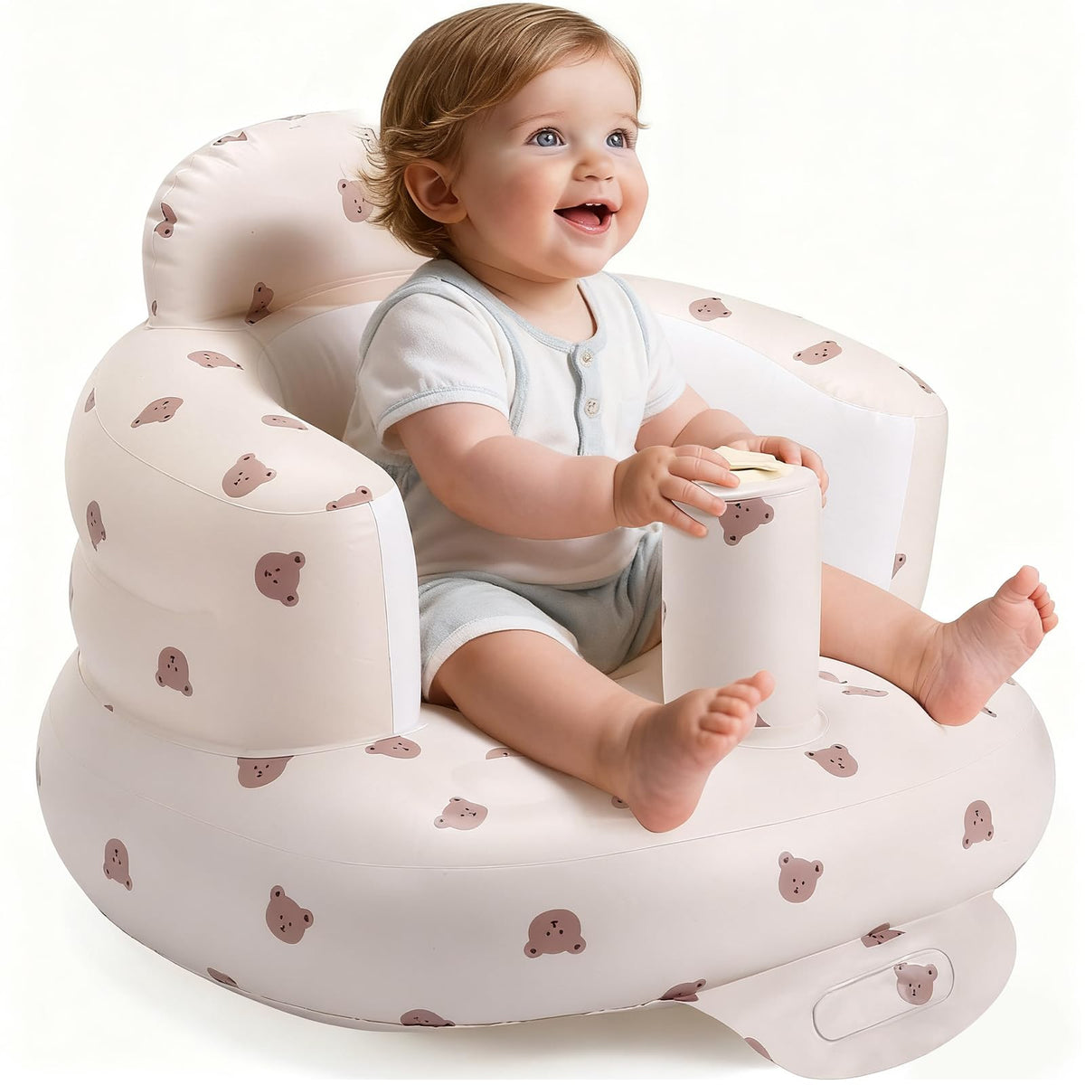 Jikasho inflatable baby seat front view showing ergonomic support and learning-ready design.