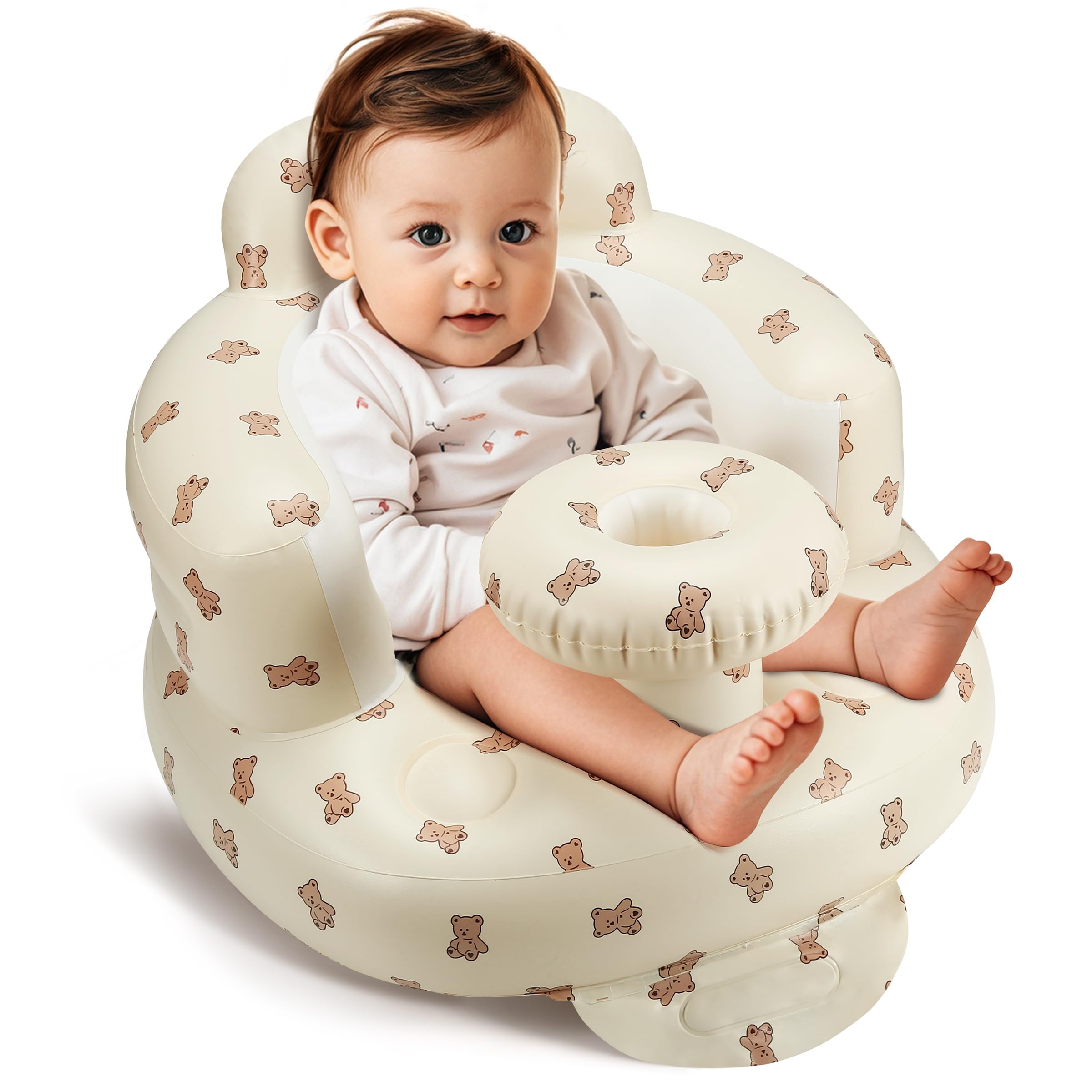 Jikasho inflatable baby seat front view showing stable design for early sitting