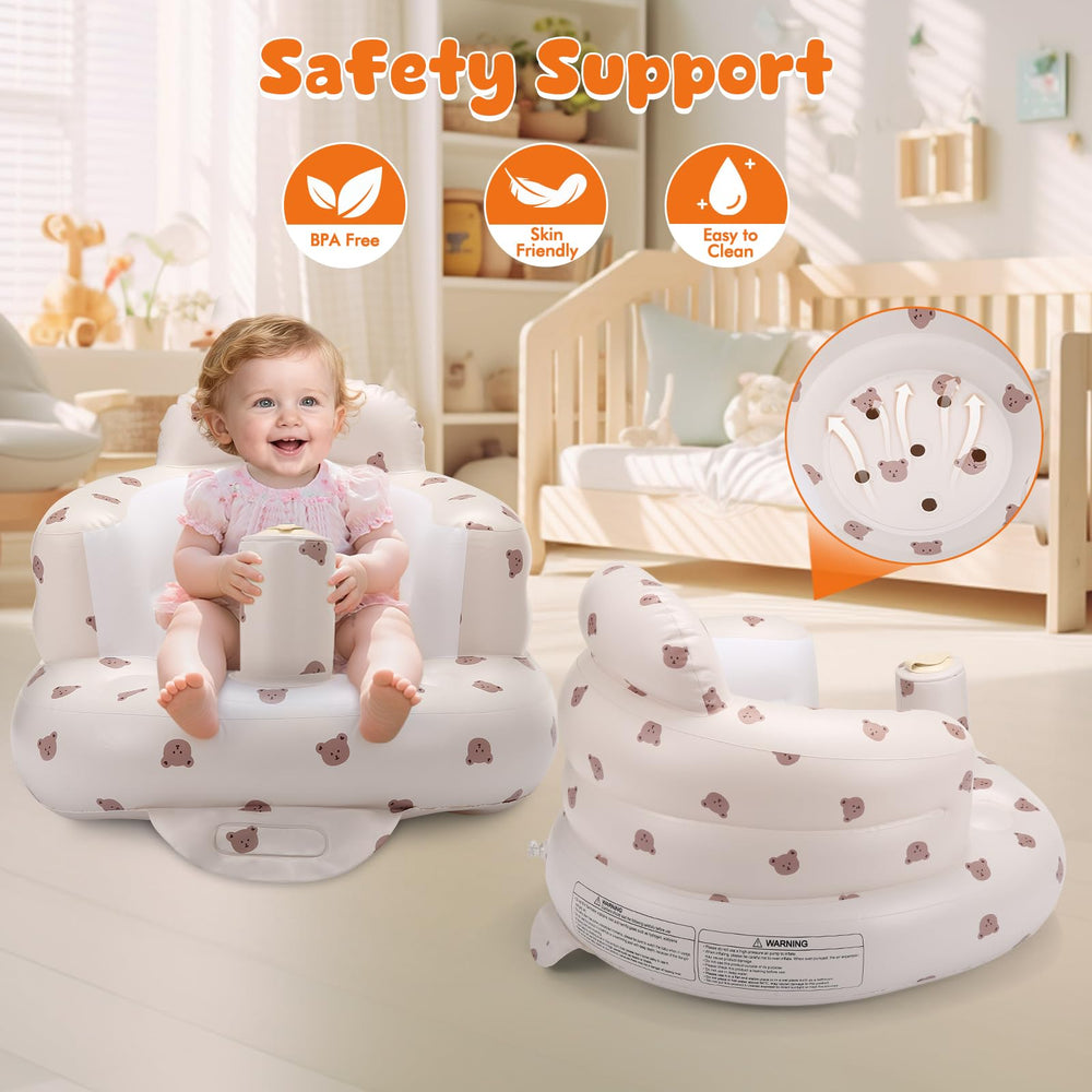 Jikasho inflatable baby seat in-use feeding scene promoting comfortable seating.