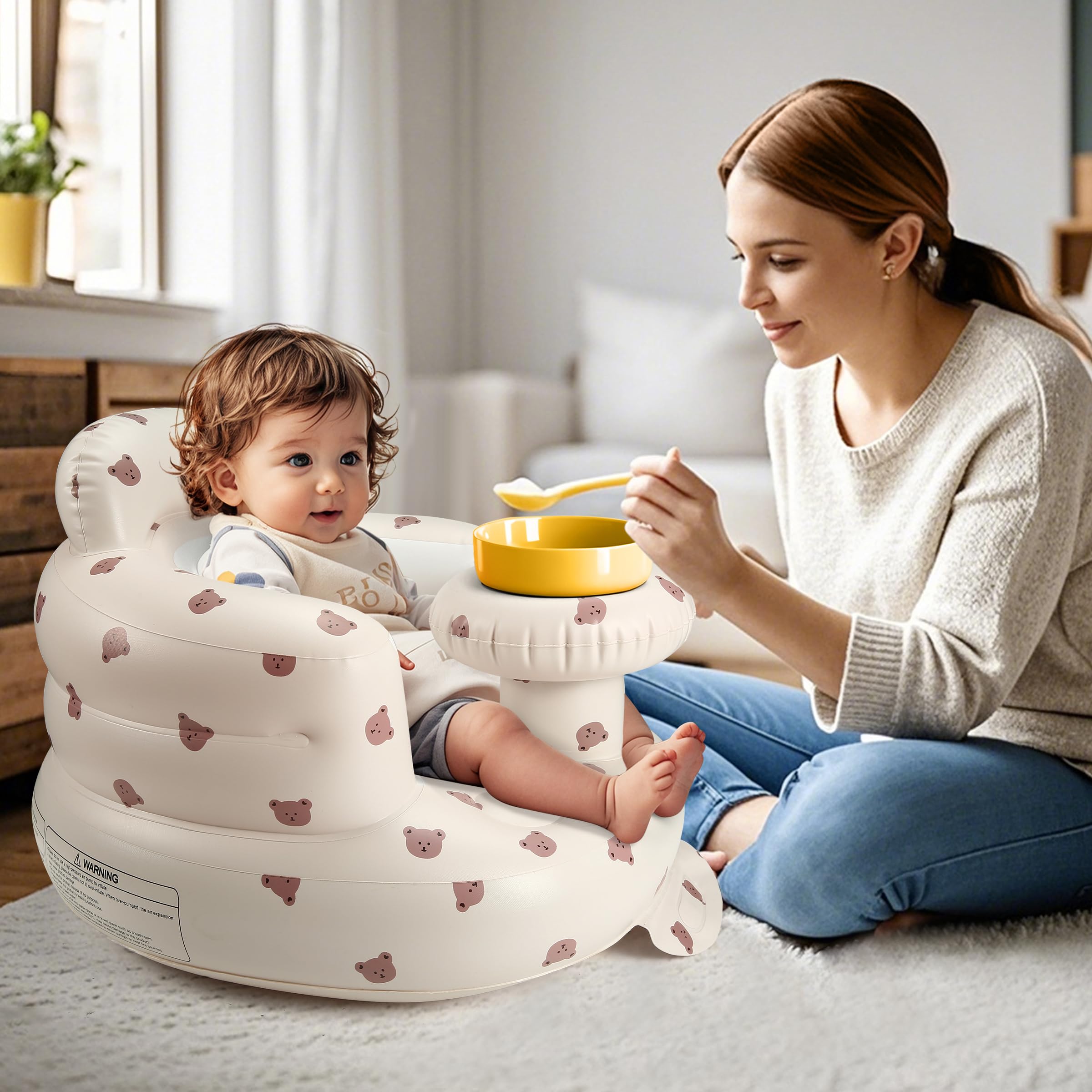 Jikasho baby seat with tray attachment supports snacks during playtime.