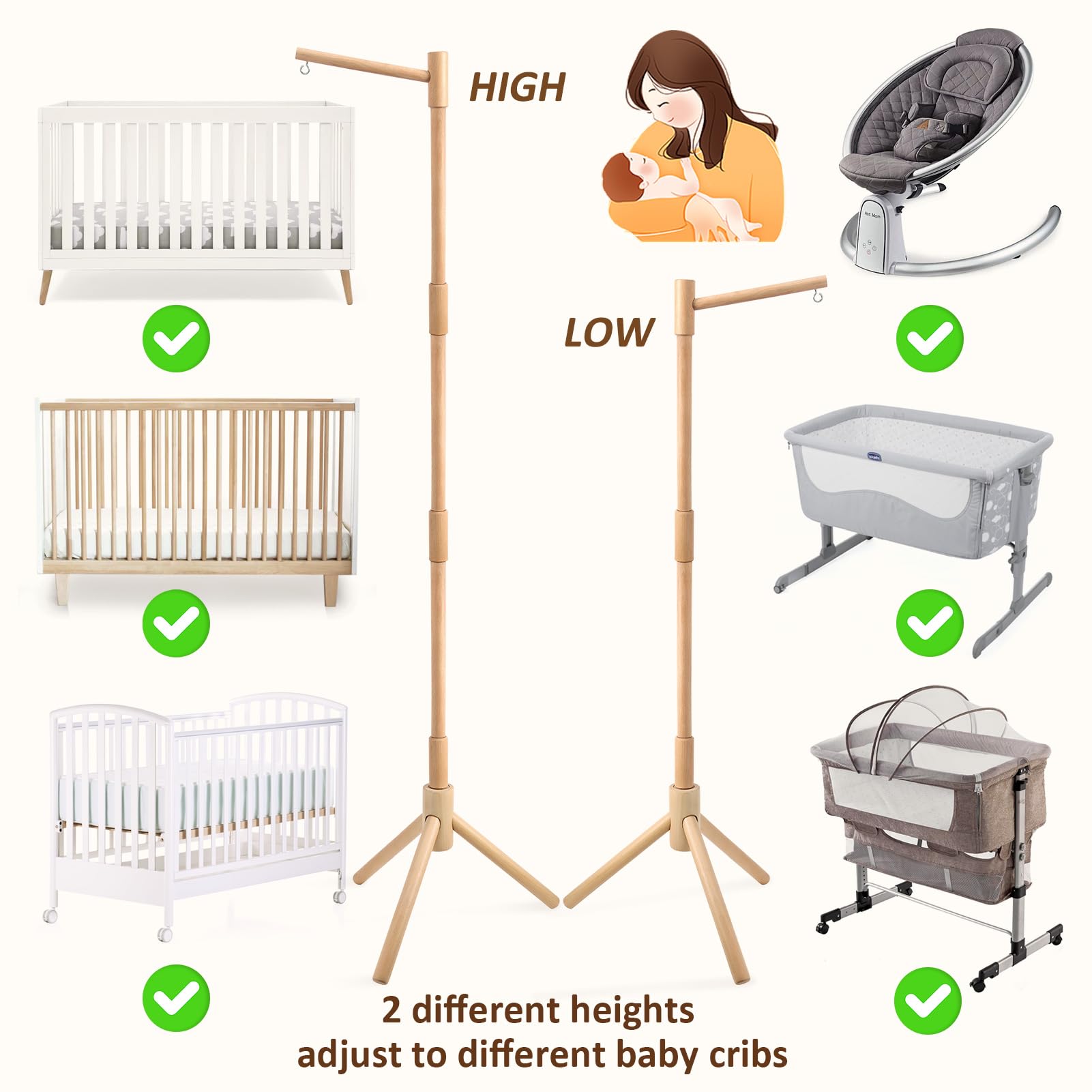 JILPAK 65-inch mobile arm height adjustment for flexible nursery setup.