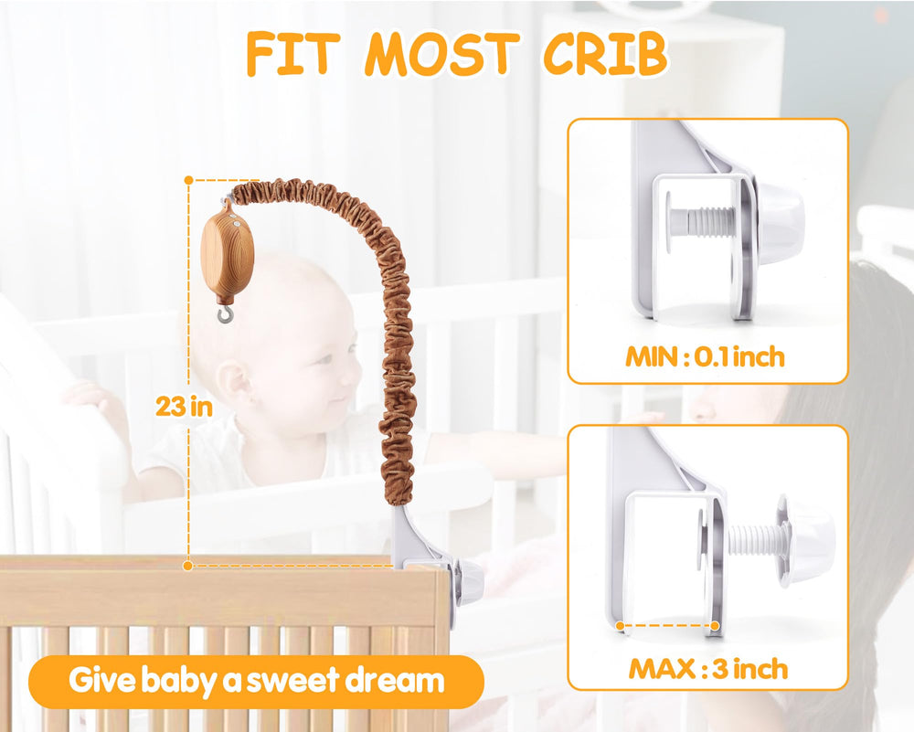 JILPAK imitation wood design on the mobile arm enhances nursery décor.