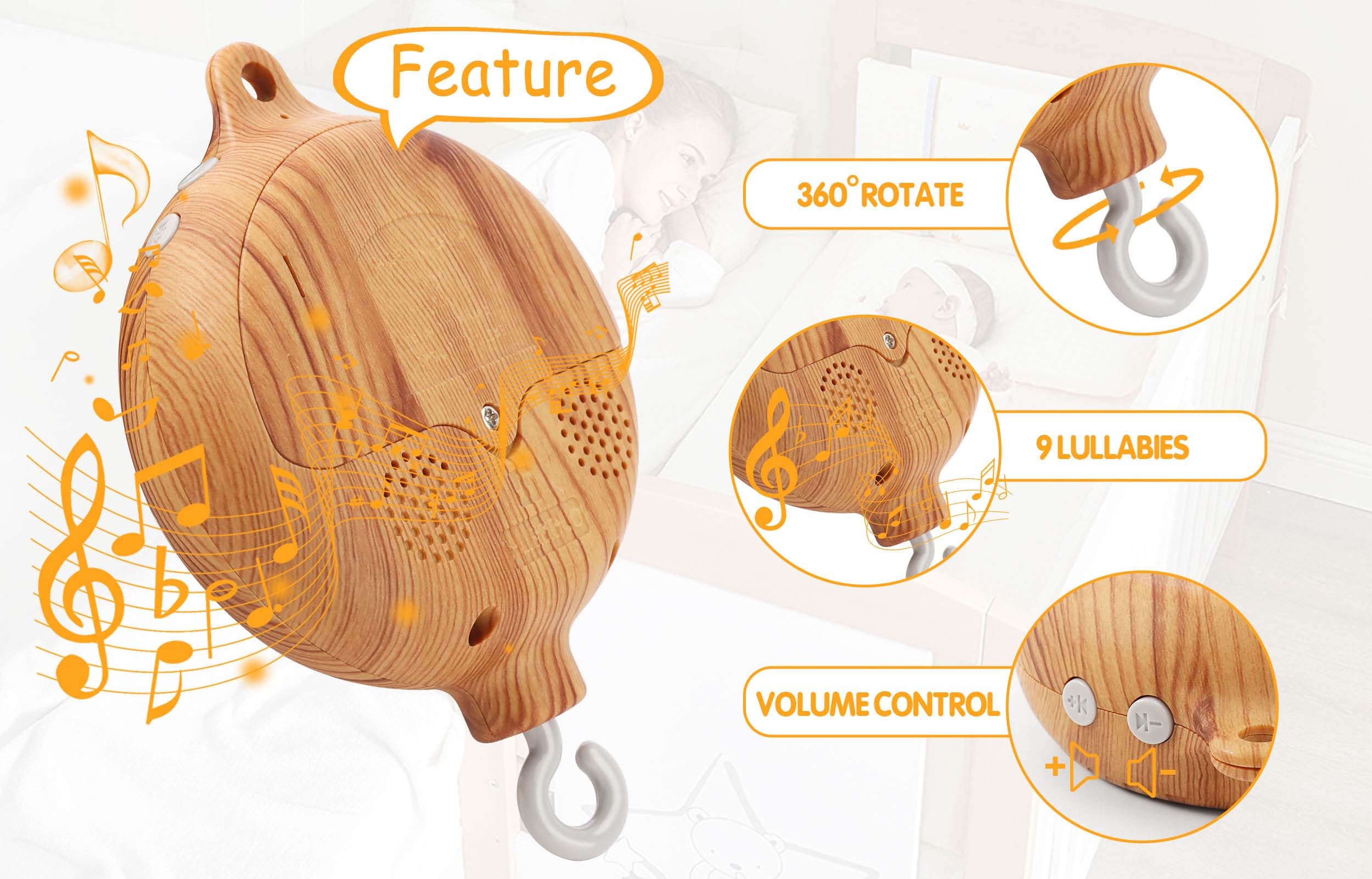 JILPAK music box with 9 melodies for soothing playback.