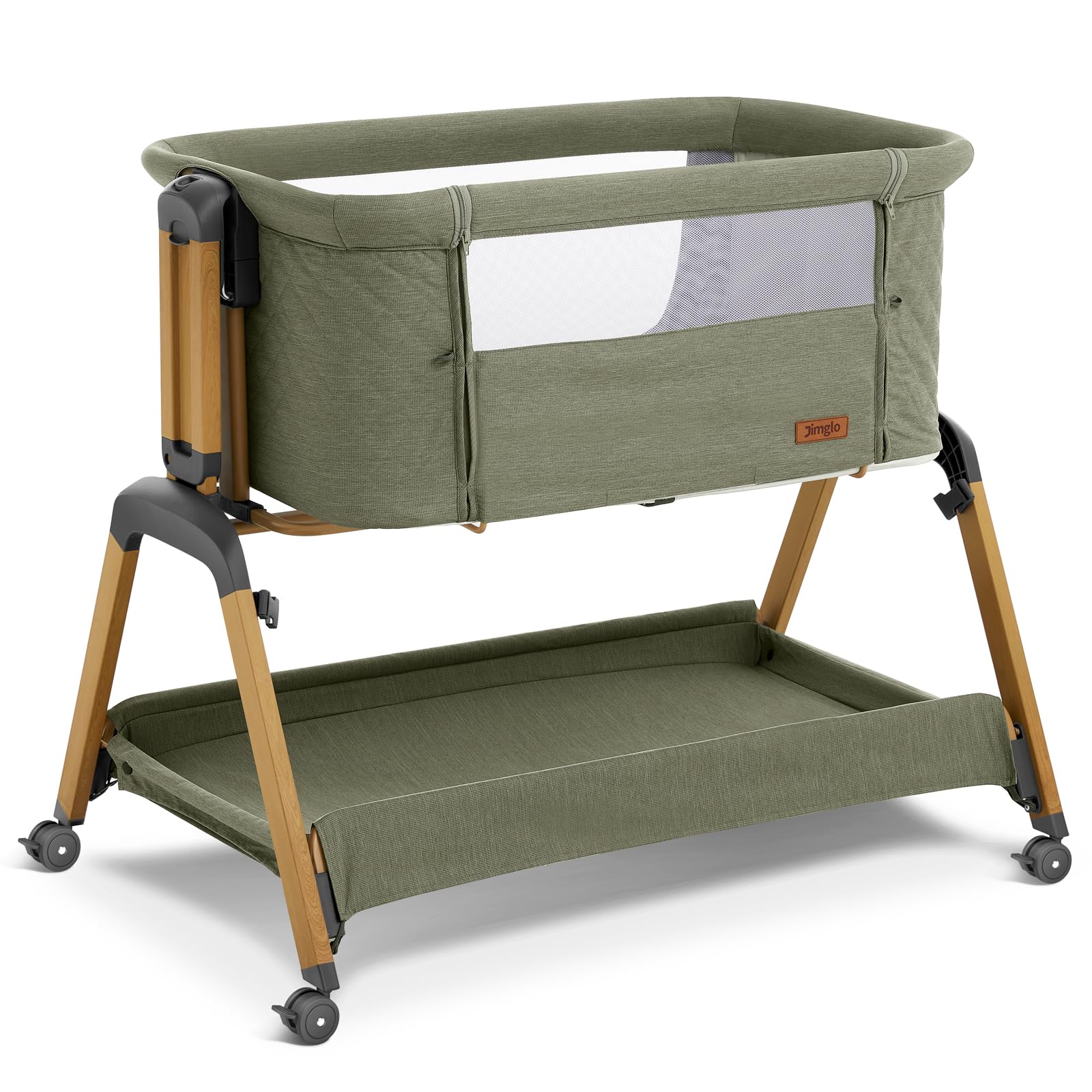 Jimglo 3-in-1 bassinet in green shown as standalone sleep space for newborn comfort