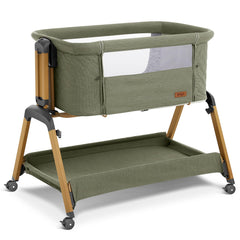 Jimglo 3-in-1 bassinet in green shown as standalone sleep space for newborn comfort