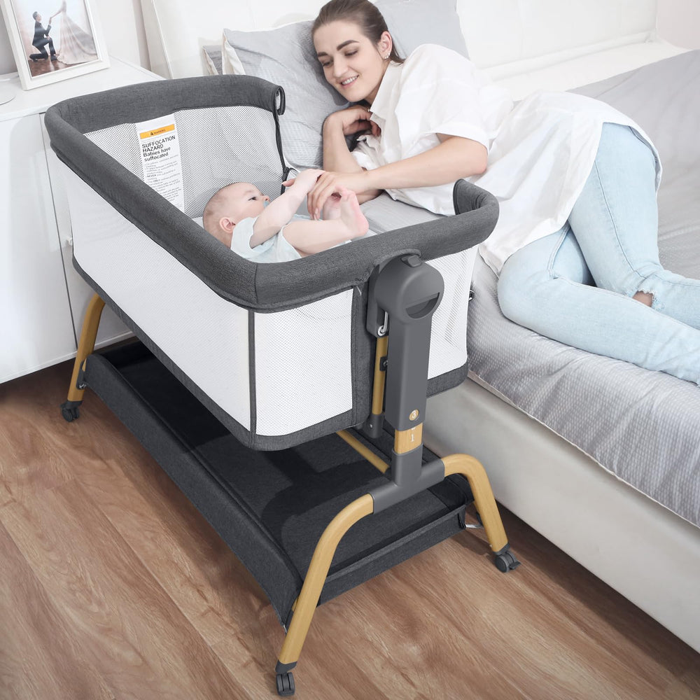 Jimglo six-height adjustable bedside crib aligns with bed.