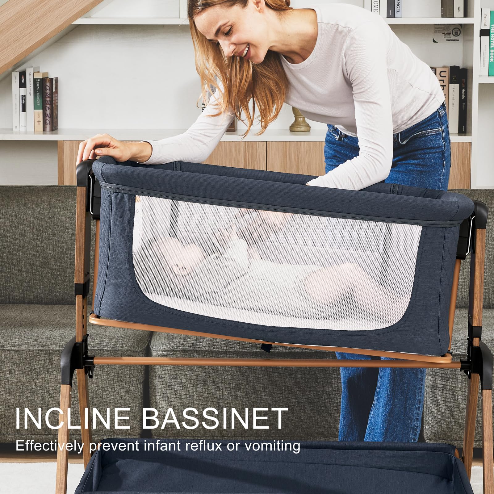 Jimglo adjustable-height bassinet fits diverse bed heights for convenient nighttime checks.