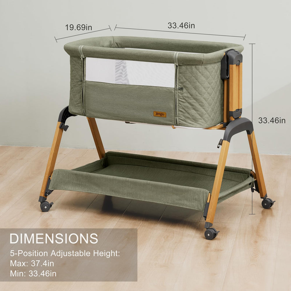 Jimglo storage basket beside the bassinet keeps essentials within reach