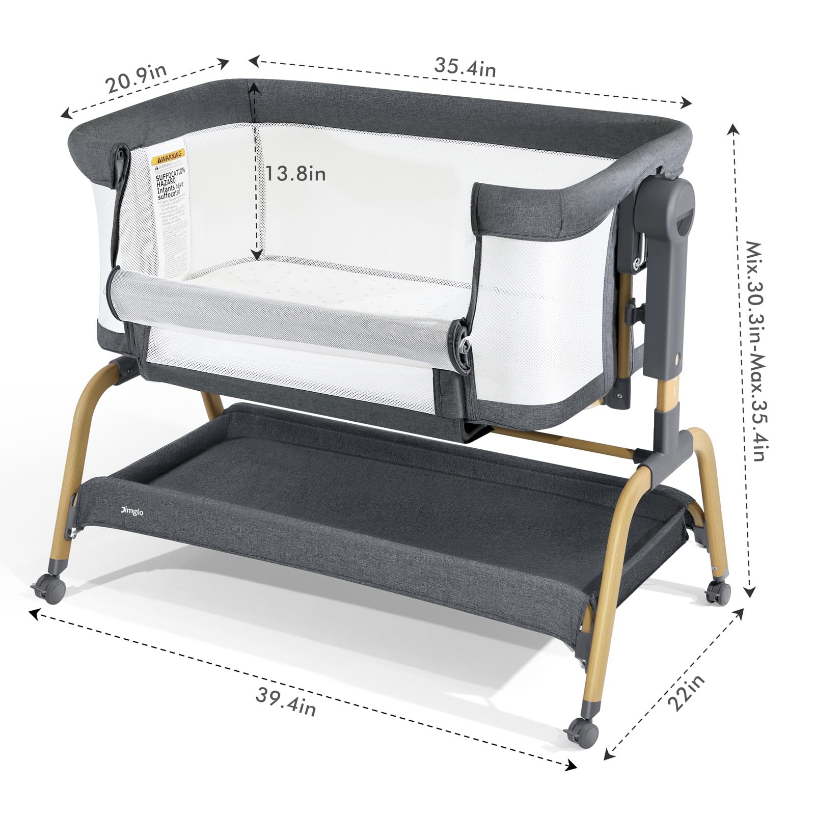 Jimglo bassinet with four wheels for portability.
