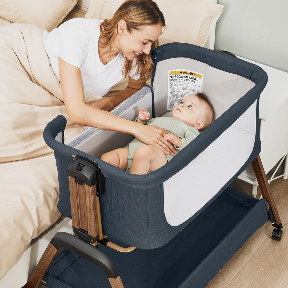 Jimglo bedside sleeper with side access keeps baby within arm's reach.