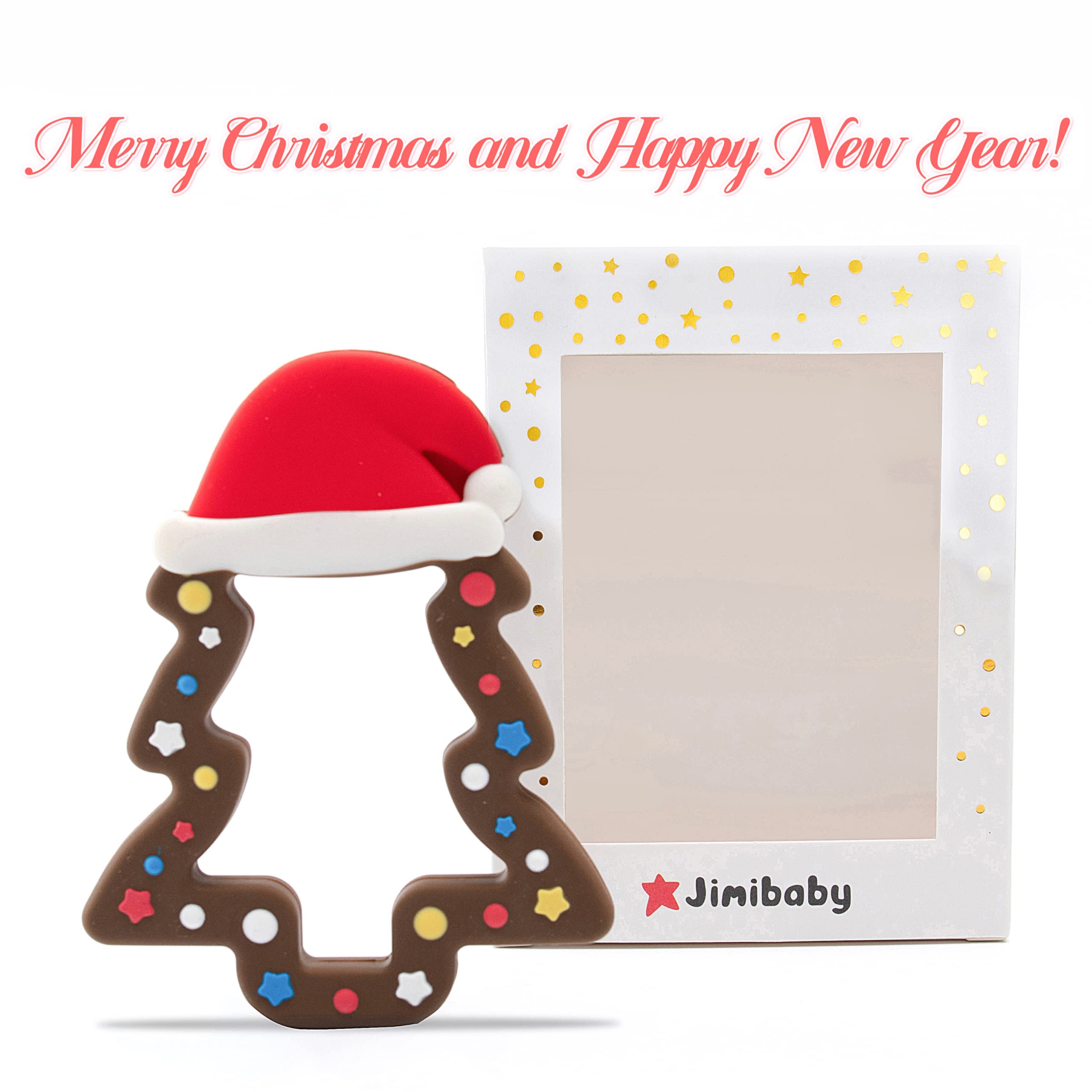 Jimibaby teether in bright colors stimulates visual recognition.