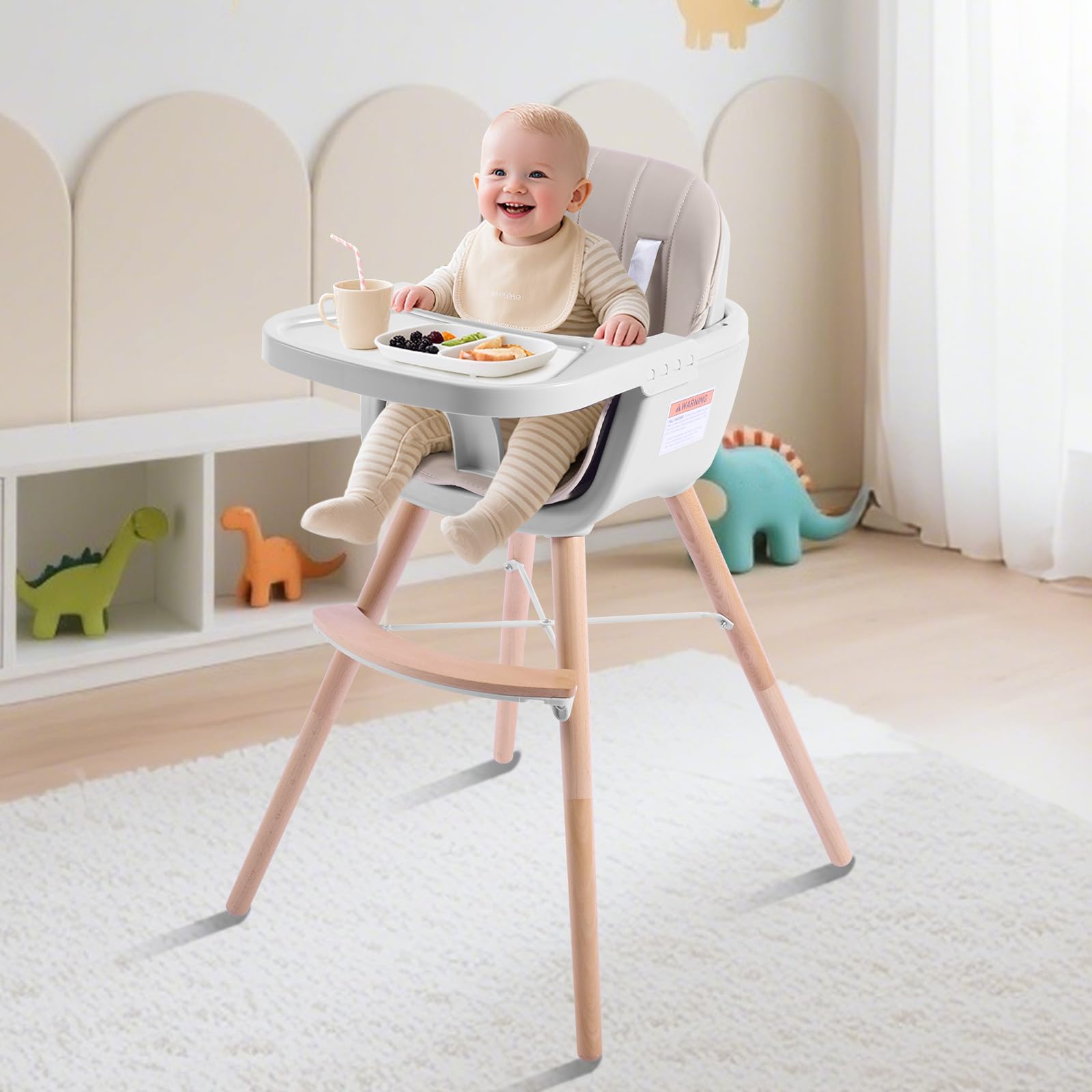Jincheng high chair shows beech wood legs delivering sturdy stability.