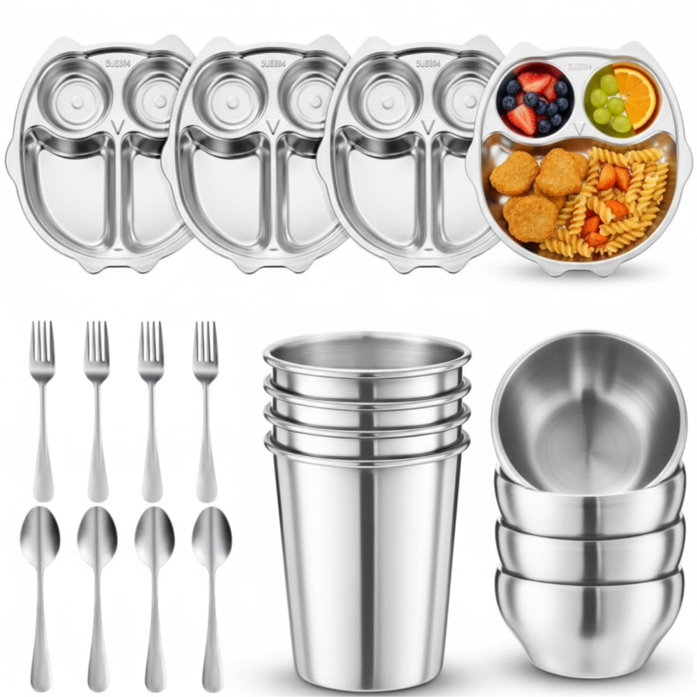 Jinei owl-shaped plate for toddlers, durable stainless steel for mess-free meals.