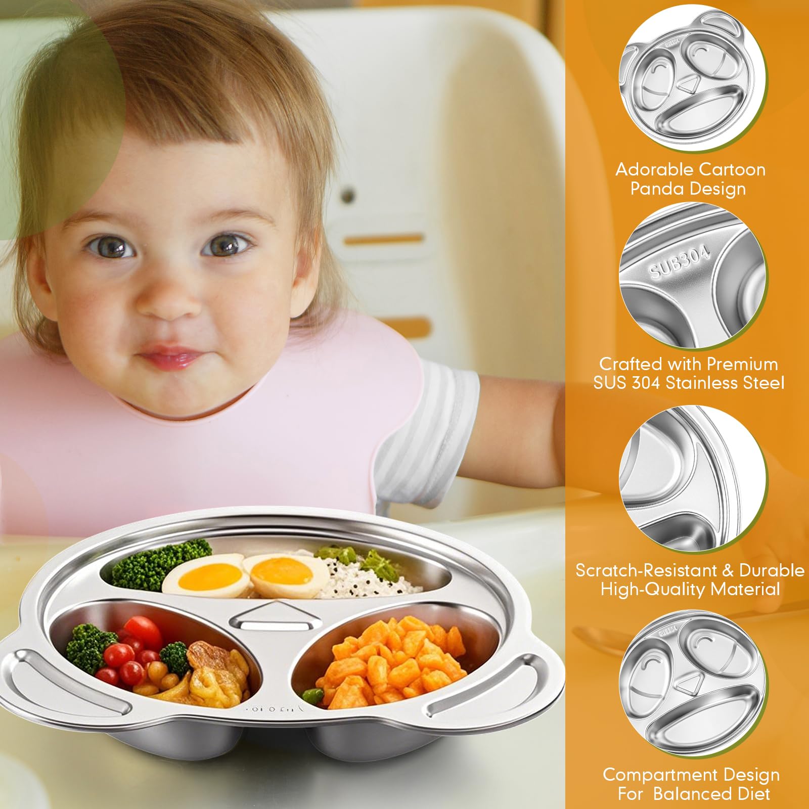 Jinei stainless bowl image emphasizes spill-resistant rim for kids.