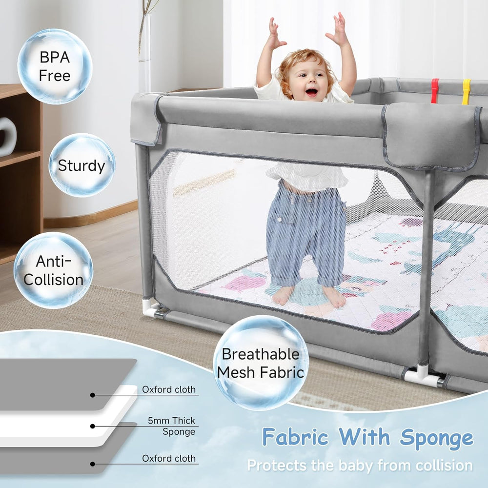 Sturdy stainless steel frame with soft edges on JINXIA playpen protects little heads