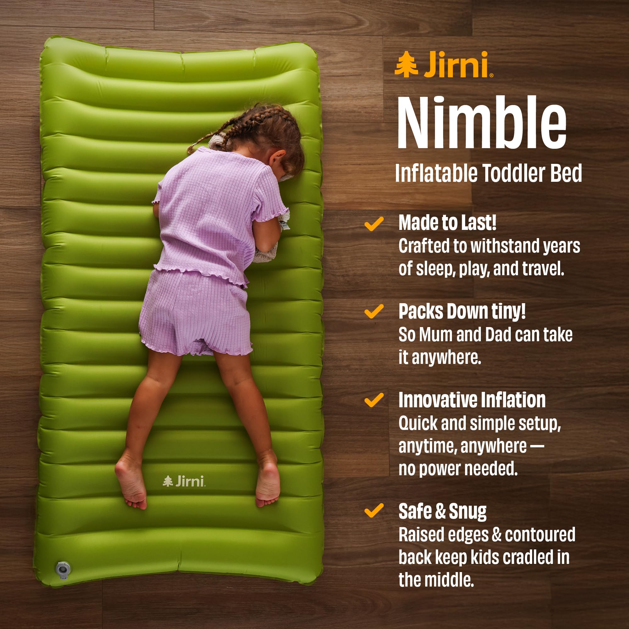 Jirni Premium Toddler Travel Bed uses 40D Nylon Ripstop for durable travel