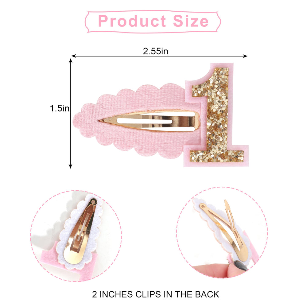 Jissoo 1st birthday pink glitter hair clip with number 1.