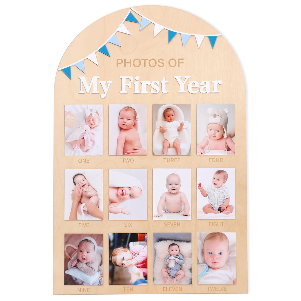 Jissoo first year photo board marks monthly milestones with a clean display.
