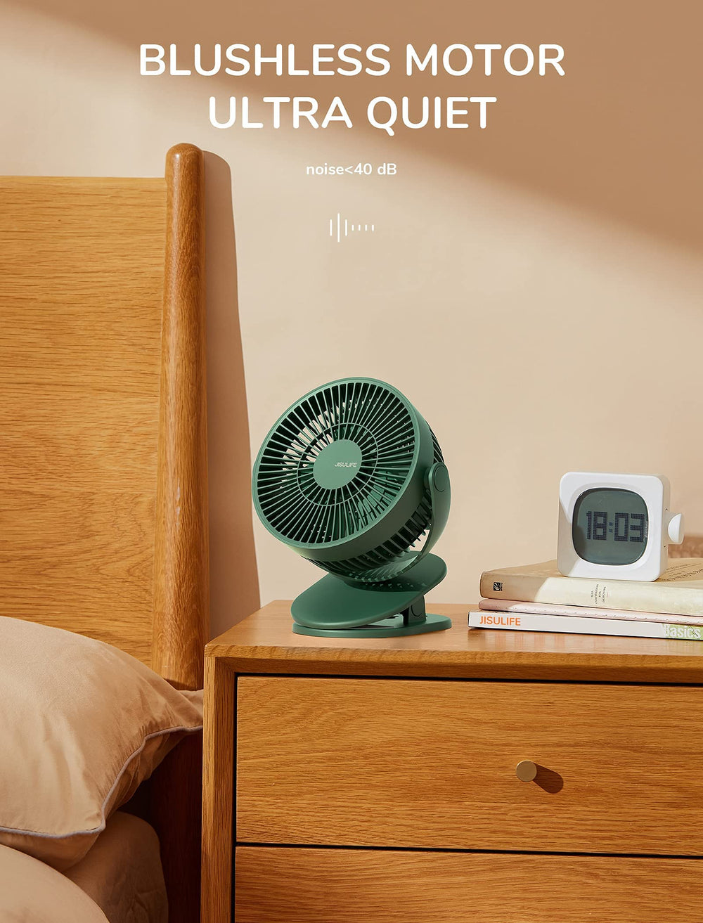 JISULIFE 4-speeds adjustable fan ideal for bedtime and desk use.