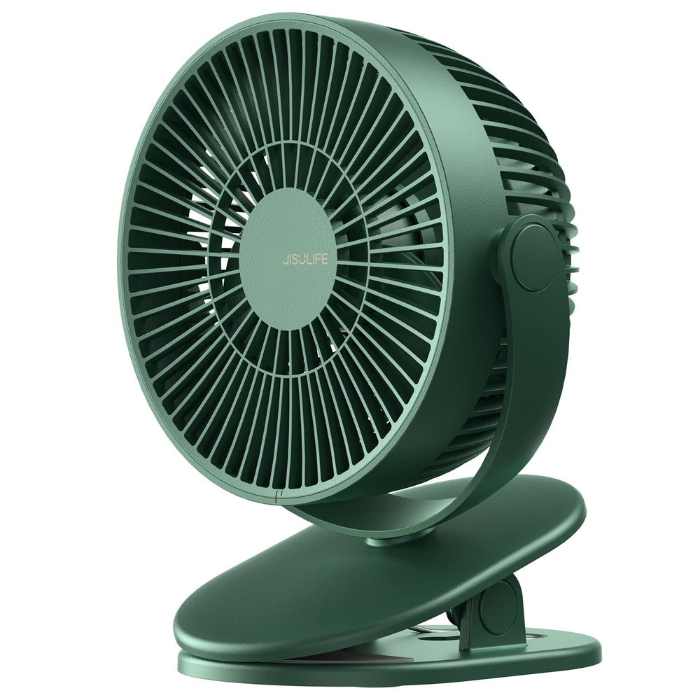 JISULIFE clip-on baby stroller fan secured on a stroller, compact and safe for toddlers.