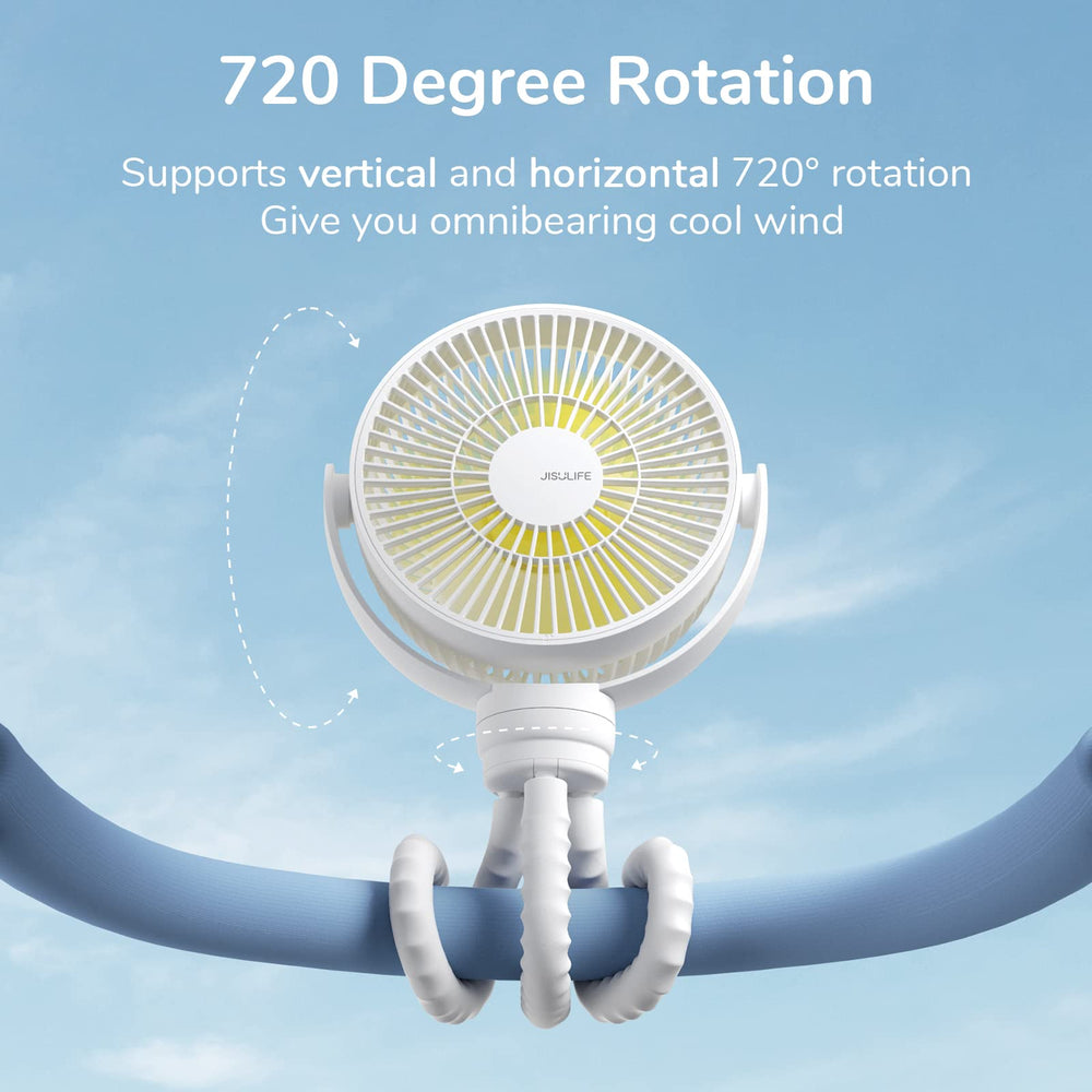 JISULIFE mini stroller fan 4000mAh battery for long outdoor use.