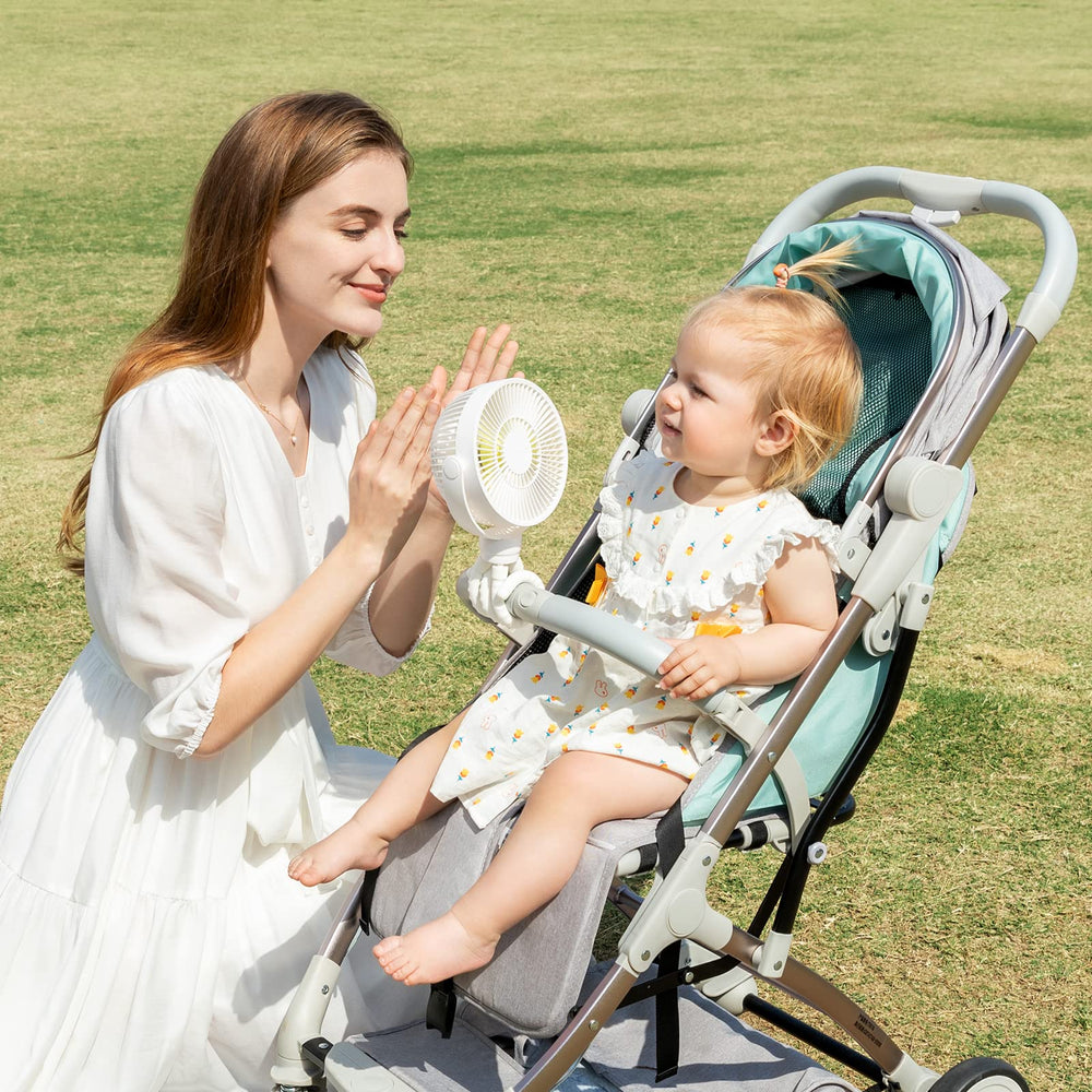 JISULIFE mini stroller fan safety features including soft edges.