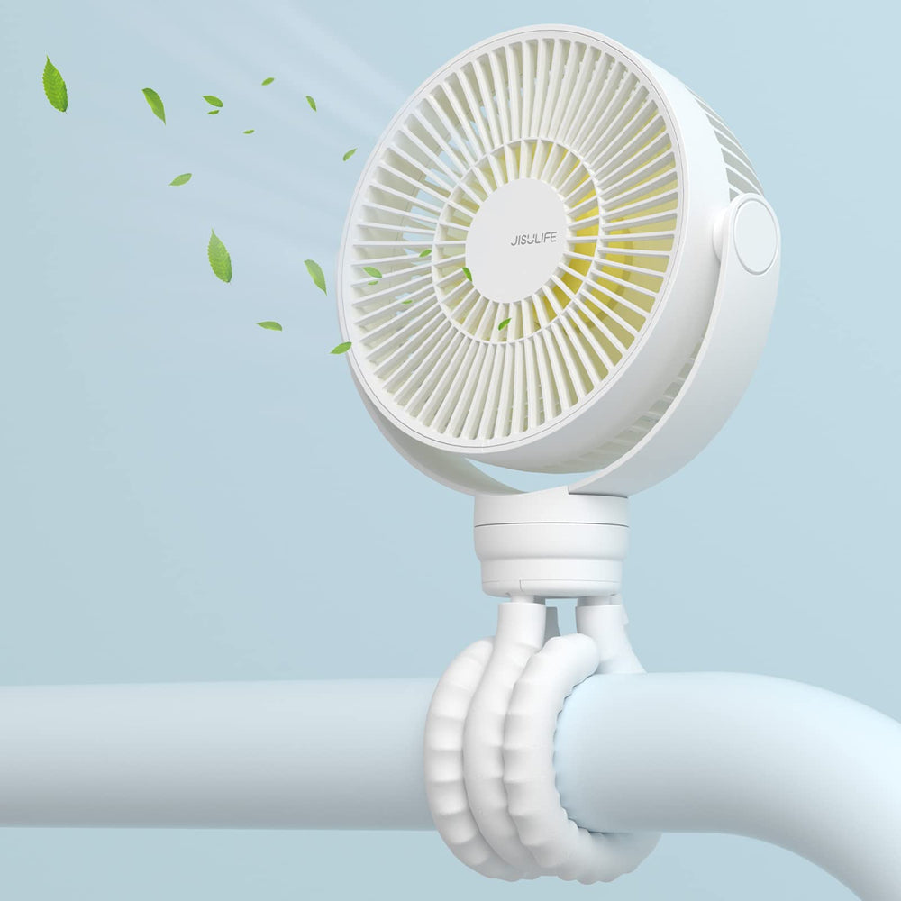 JISULIFE mini stroller fan clipped on for gentle cooling.