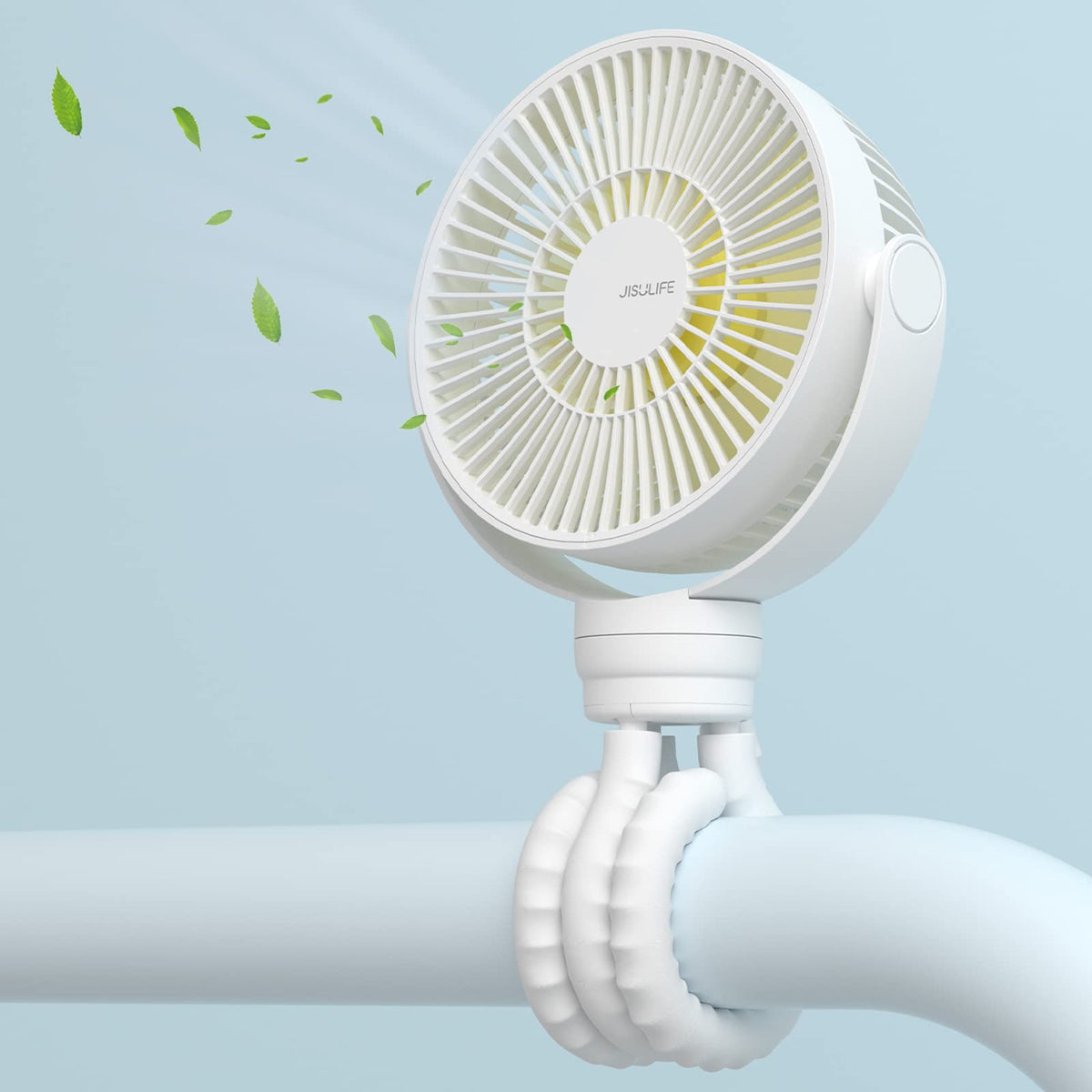 JISULIFE mini stroller fan clipped on for gentle cooling.