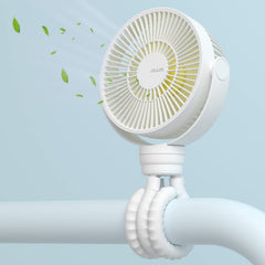 JISULIFE mini stroller fan clipped on for gentle cooling.