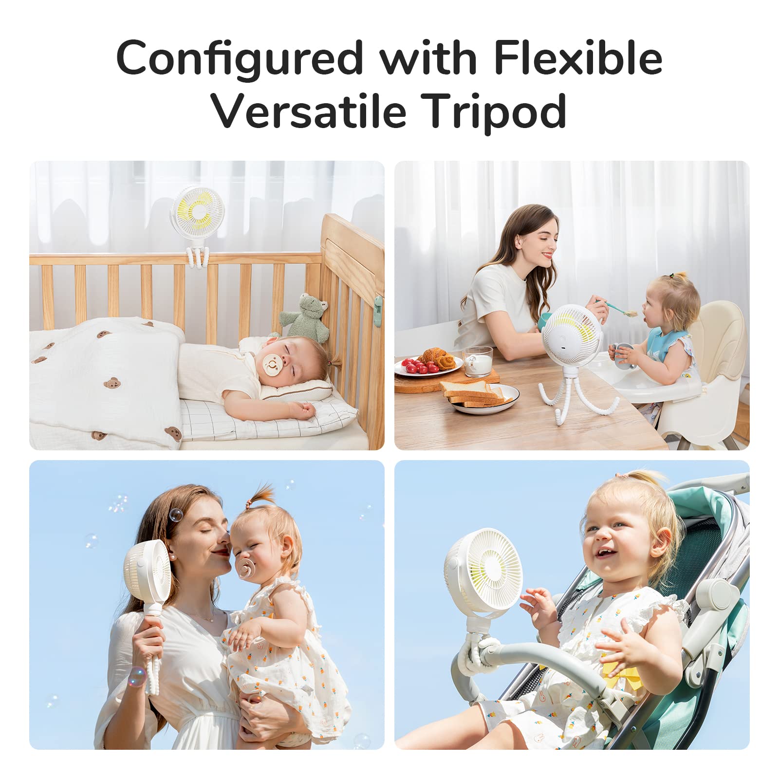 JISULIFE mini stroller fan on a flexible tripod for versatile placement.