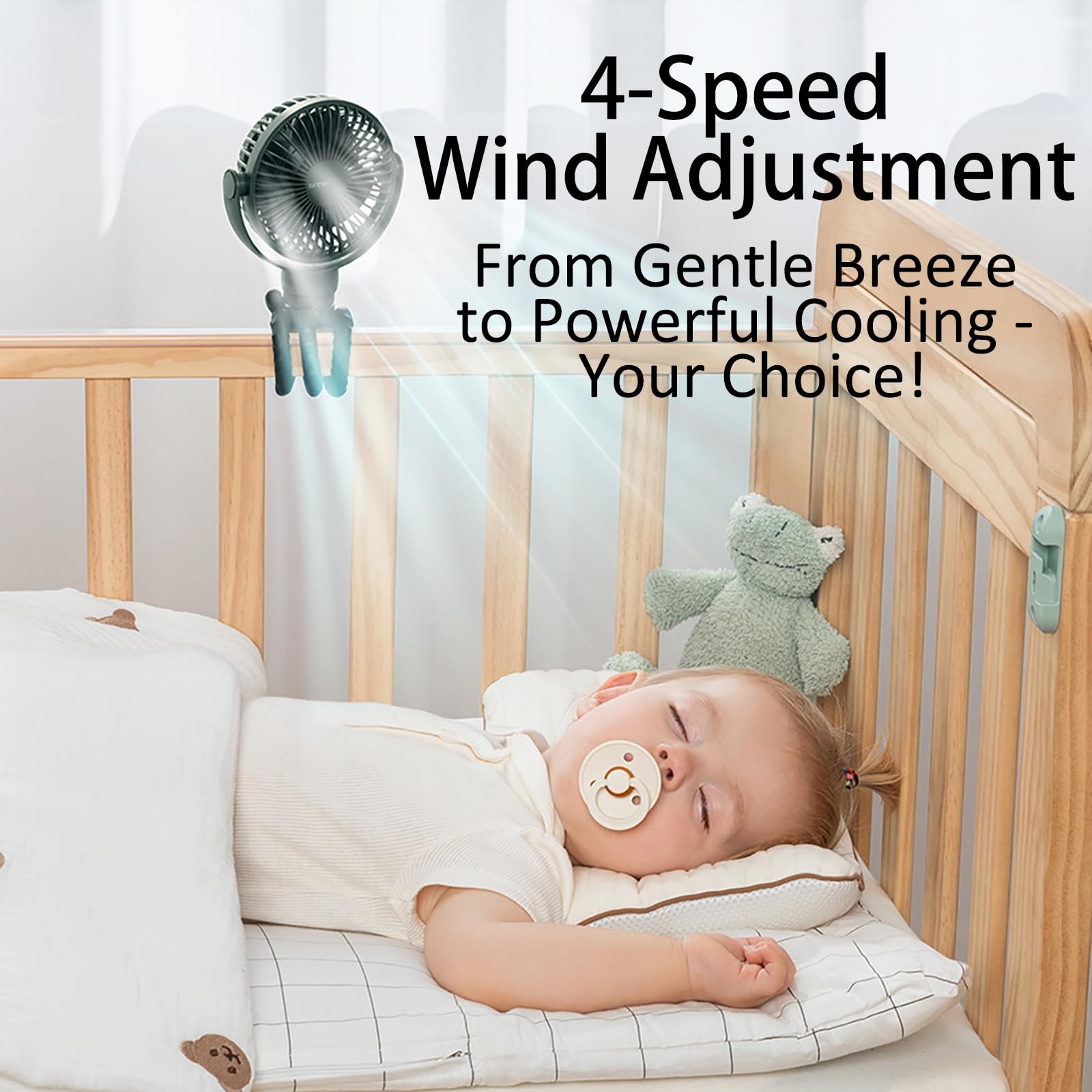 JISULIFE stroller fan offers 4-speed control for customizable comfort.